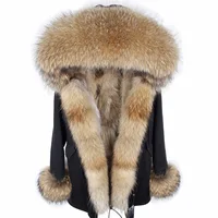 

Winter Women Raccoon Fur Collar Hooded Rabbit Lined Jacket Fur Coat