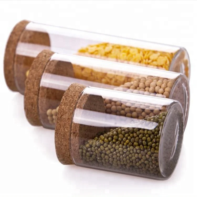 

Sealed airtight borosilicate glass jars and cans with cork lid, Transparent