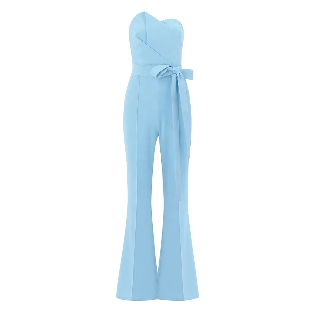 

blue off shoulder strapless tube boot cut bowknot evening celebrating party formal one piece jumpsuit for women