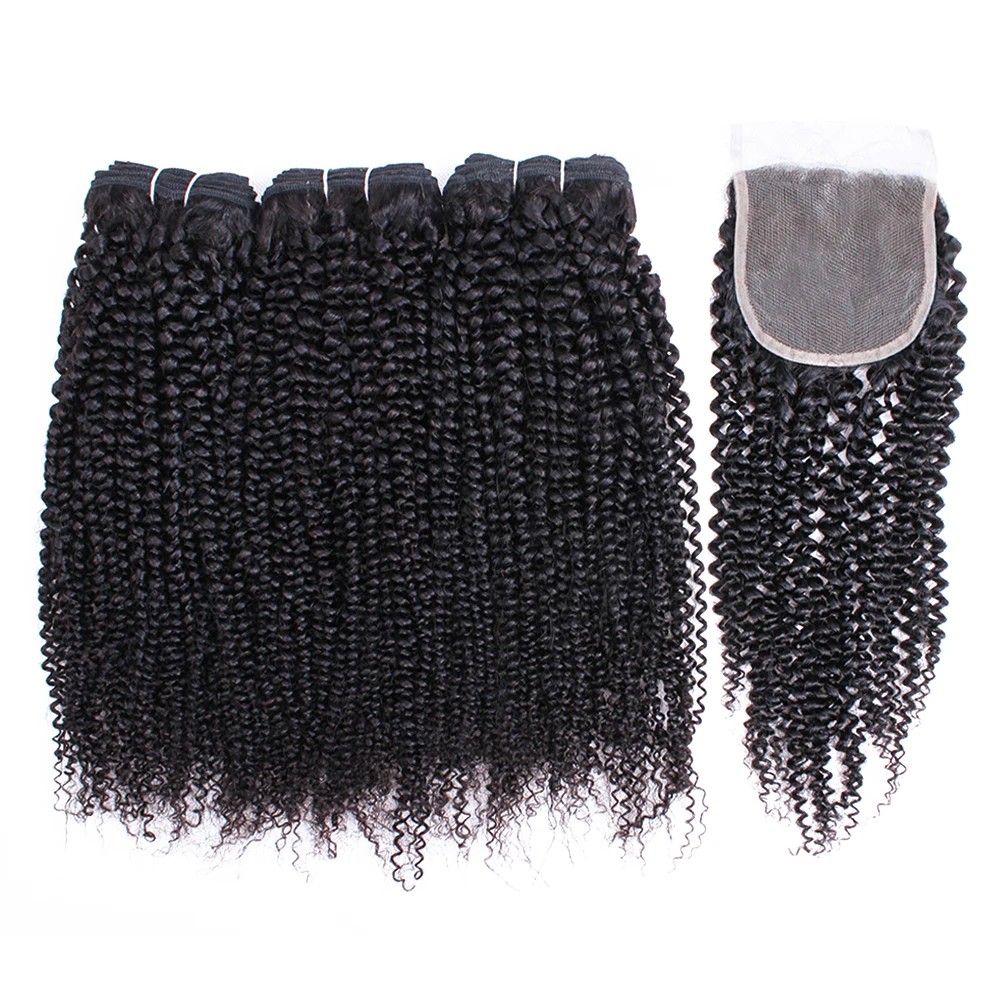 

natural color kinky curly hair bundle with closure raw Indian human hair extension, Nature color
