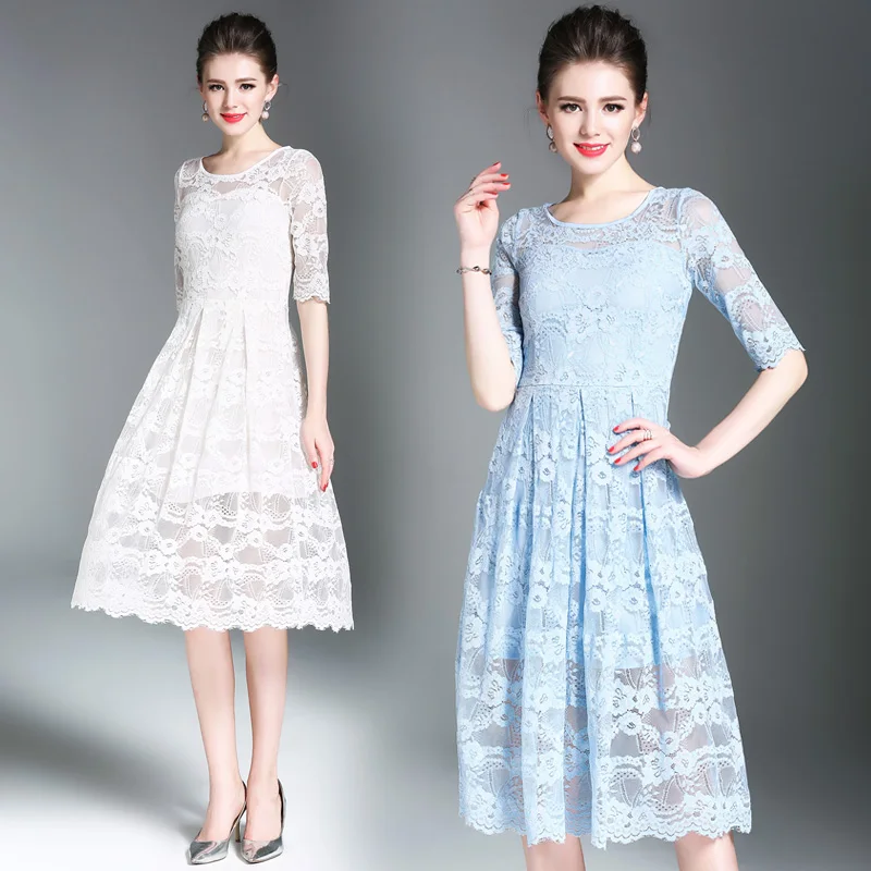 

Elegant Summer Crochet Blue Lace Dress, Light blue white