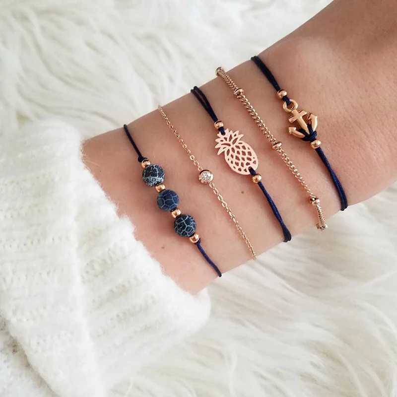 

5pcs/set New Design Boho Hollow Pineapple Anchor Bracelet Set For Women Vintage Bead Rope Chain Bracelets (SK040), As picture