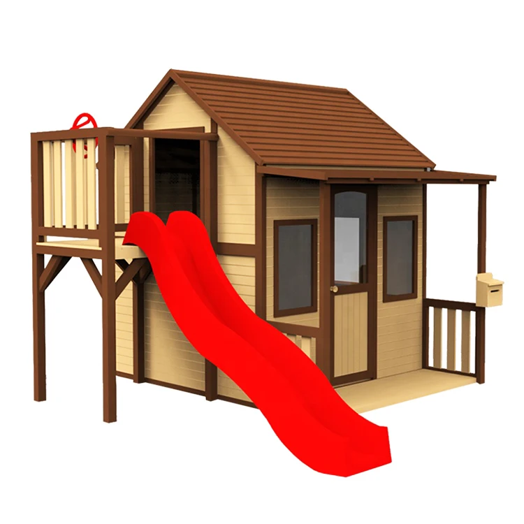 wooden playhouse and slide