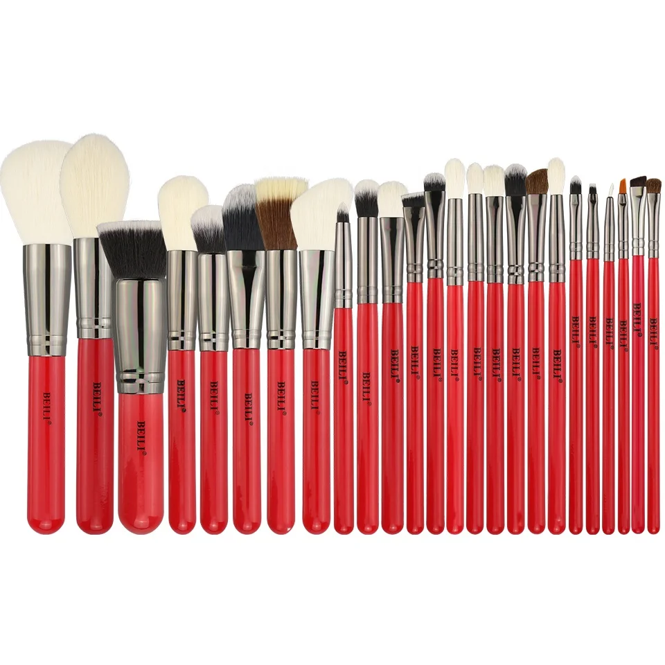 

BEILI Red 25 pcs make up brushes Natural goat pony hair handle makeup brush set stock or Private label accepted