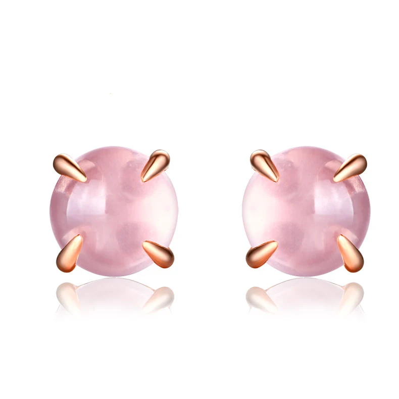 

Rose gold pink quartz earrings round Sterling silver gemstone stud earrings for girls, Picture