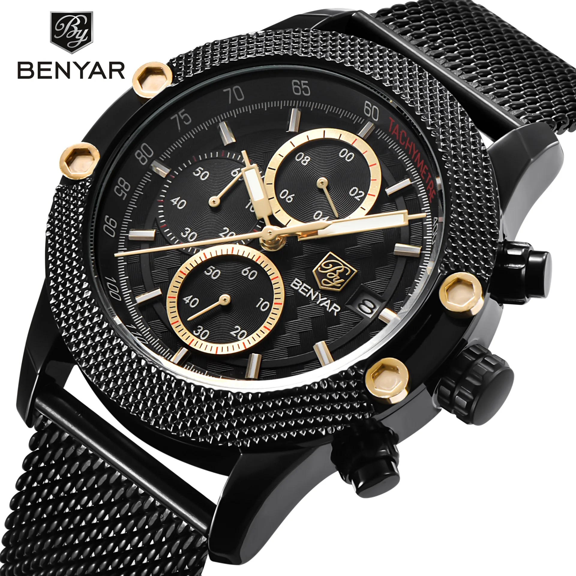 

BENYAR Mens Watches Top Luxury Sport Chronograph Fashion Men Waterproof Luxury Brand Gold Quartz Watch saat reloj hombre, 3colors