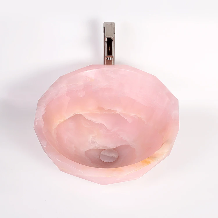 Customized Luxury Pink Onyx Marble Diamond Design Bathroom Wash Basin