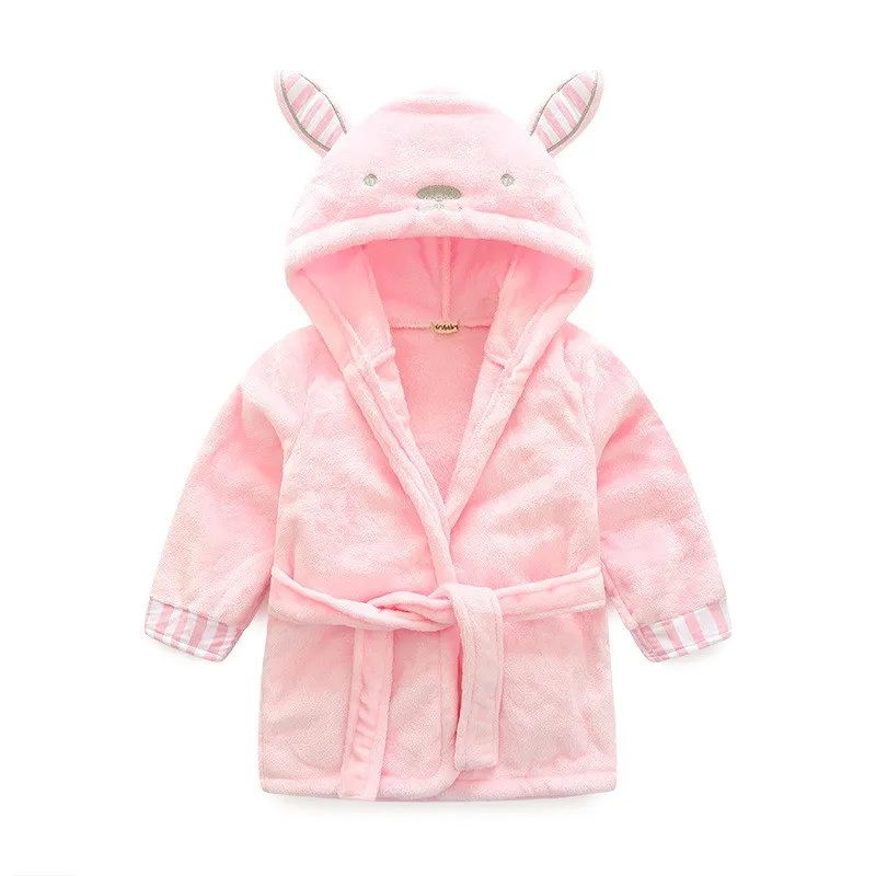 Pink Girls Hooded Zipper Bathrobe Cute Animal Robe Baby Fluffy Warm Sleepwear Funny Kids
