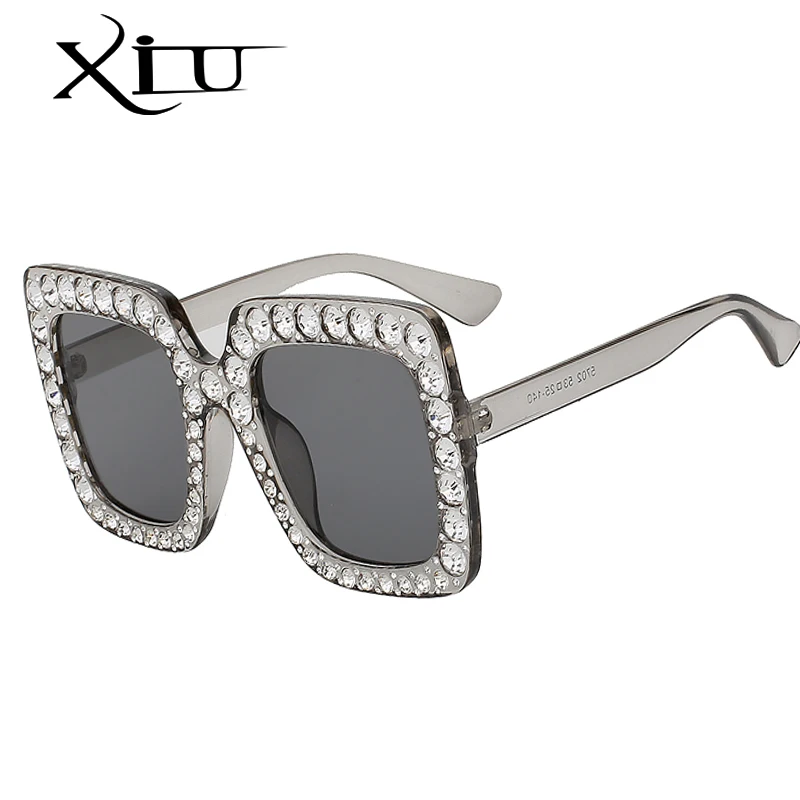 

2018 XIU Women Crystal Sun glasses Square Oversized Sun Glasses with Polarized lens and frame in bling diamond