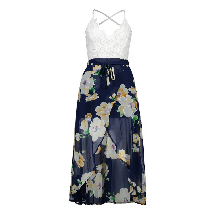 

Wholesale Chiffon Patchwork Lace Embroidered Backless Floral Print Dress