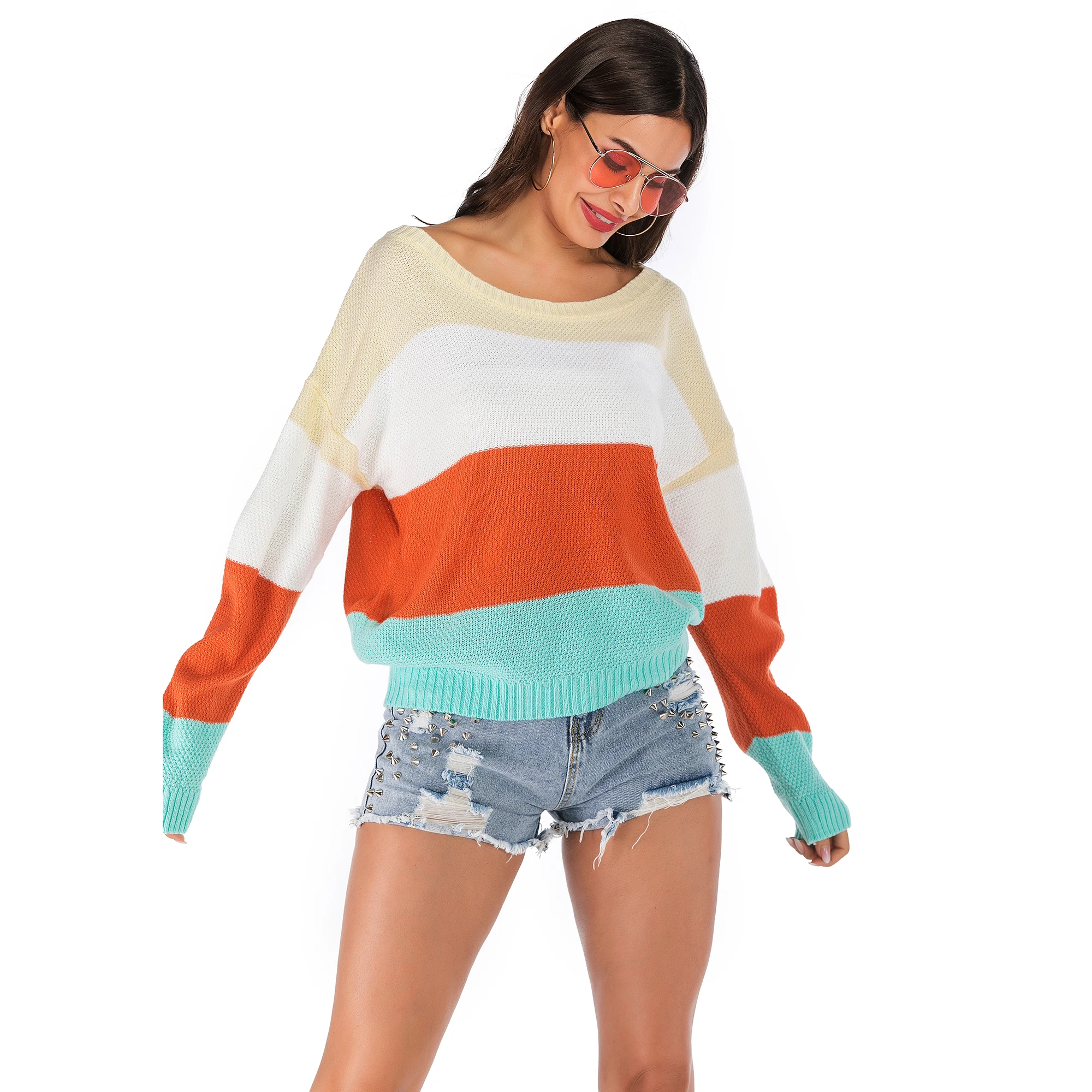 

fashion Korean fashion ladies Round collar striped knit sweater blouse loose large size women knitwear jumper