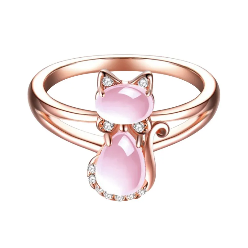 

Valentine's Day Fancy Pink Crystal Rhinestone Cat Ring Rose Gold Opal Animal Cat Finger Ring For Girls