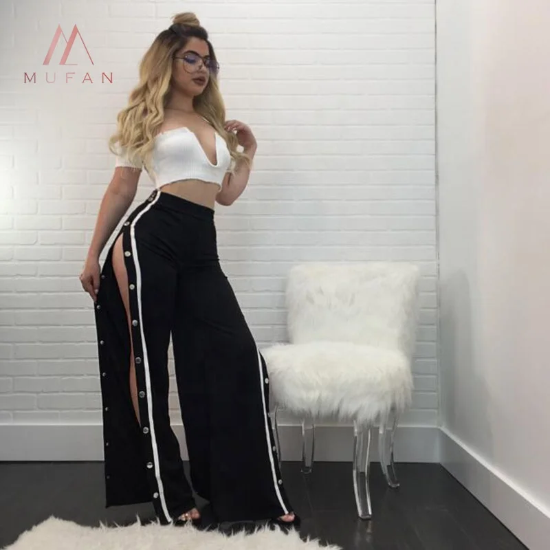 

2019 Ladies Fashion Loose Trousers Sexy High Split Side Button Wide Leg Pants, As picture color