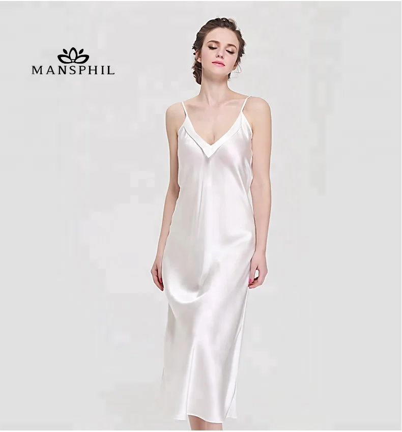 

100% Silk Satin Young Ladies' Affordable Luxury Deep V Neck Long Slip Gown Dress Everyday Wear Night Wear, Ivory;champagne