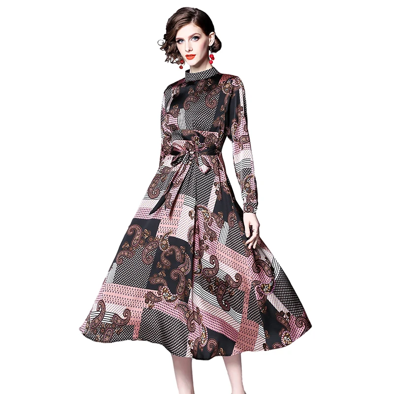 

2019 Spring French T-show Boutique Printed Dresses Long Sleeve Lady Maxi Dress LY3011#