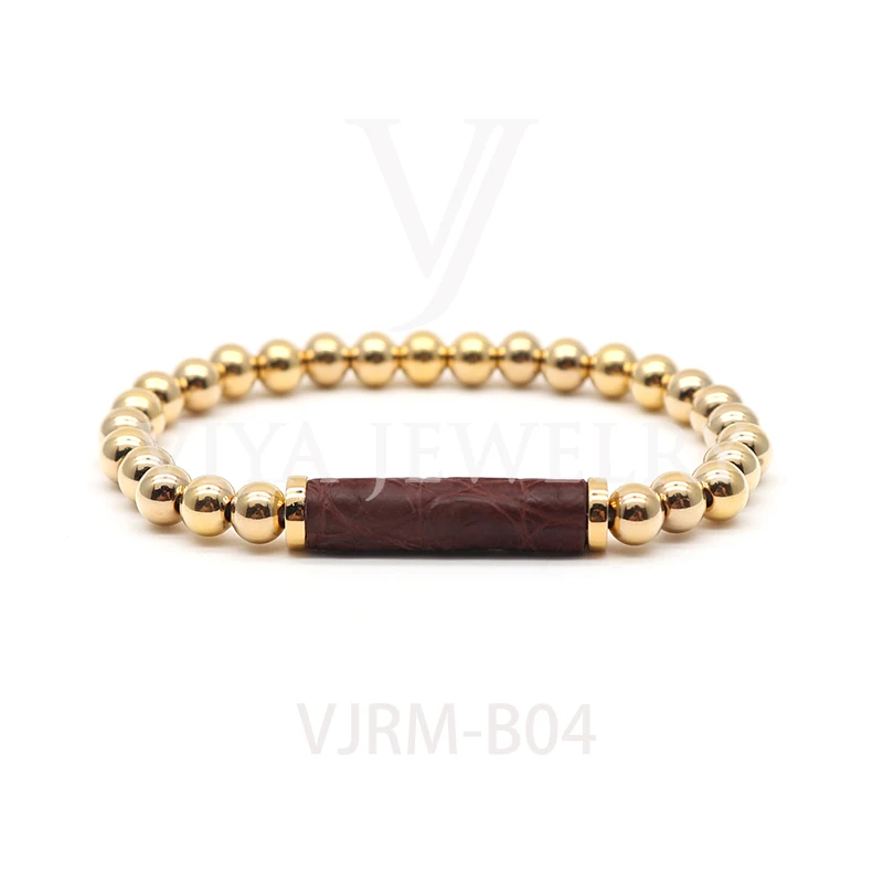 

VIYA Jewelry Most Popular 316L Stainless Steel Tube Beads With 18K Gold Plated Bracelet with Genuine Python/ Leather Insert