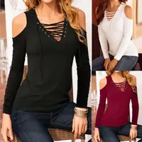 

2019 designs sexy Women Casual Lace Up Hollow Out V neck Off Shoulder Half Sleeve Slim Summer Tops Plus Size Shirts blouse