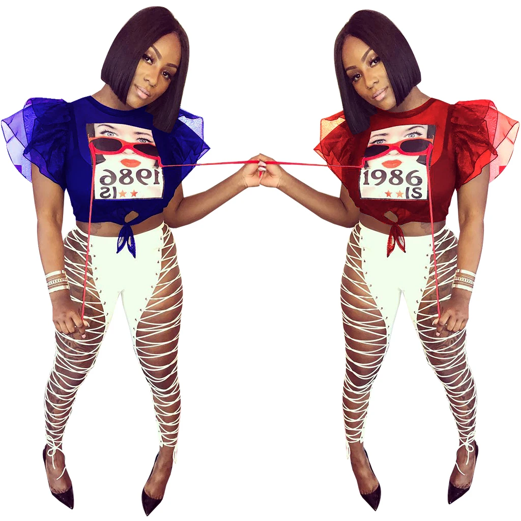 

Summer women's printed mesh see-through T-shirt with falbala sleeves FM-3804