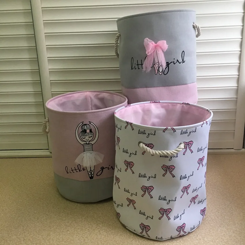 

Ins Bow Stock Cylindrical Canvas Foldable Kids Toy Storage Laundry Basket, Pink