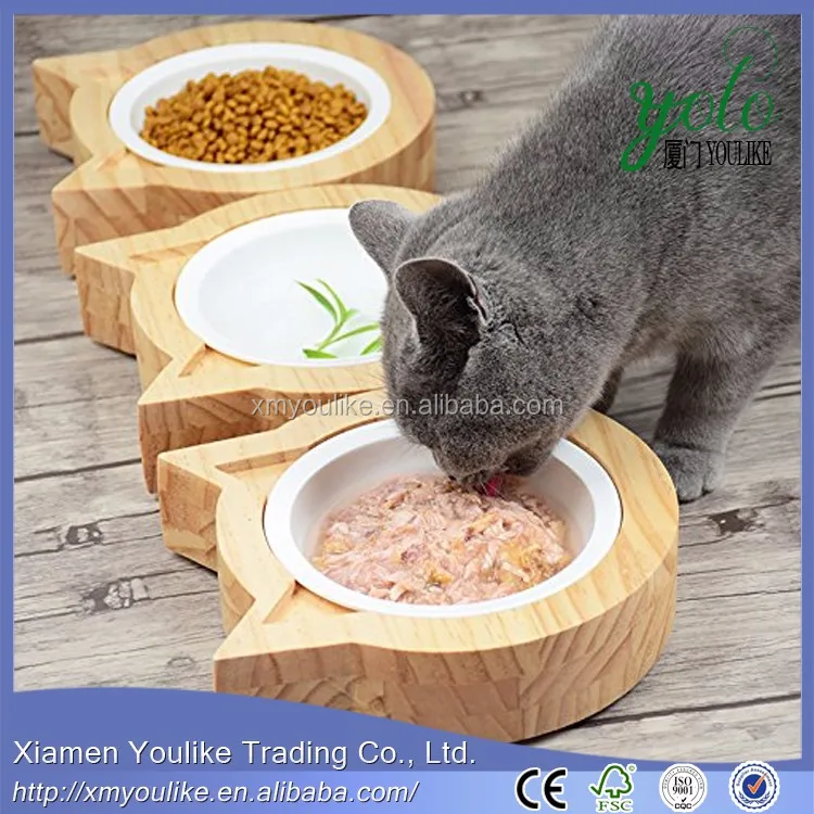 Bamboo Cat Ear Shape Pet Feeder Stand With Ceramic Single Pet Bowl