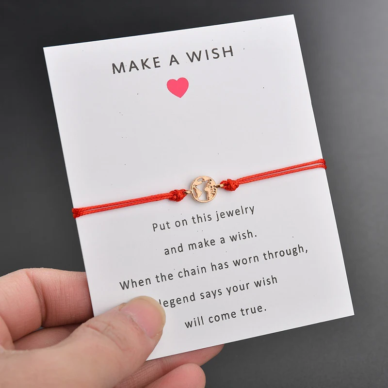 

2019 New Make A Wish Card Adjustable Bracelet Romantic Rope Chain Gold Color Earth Map Bracelet (KB8179), As picture