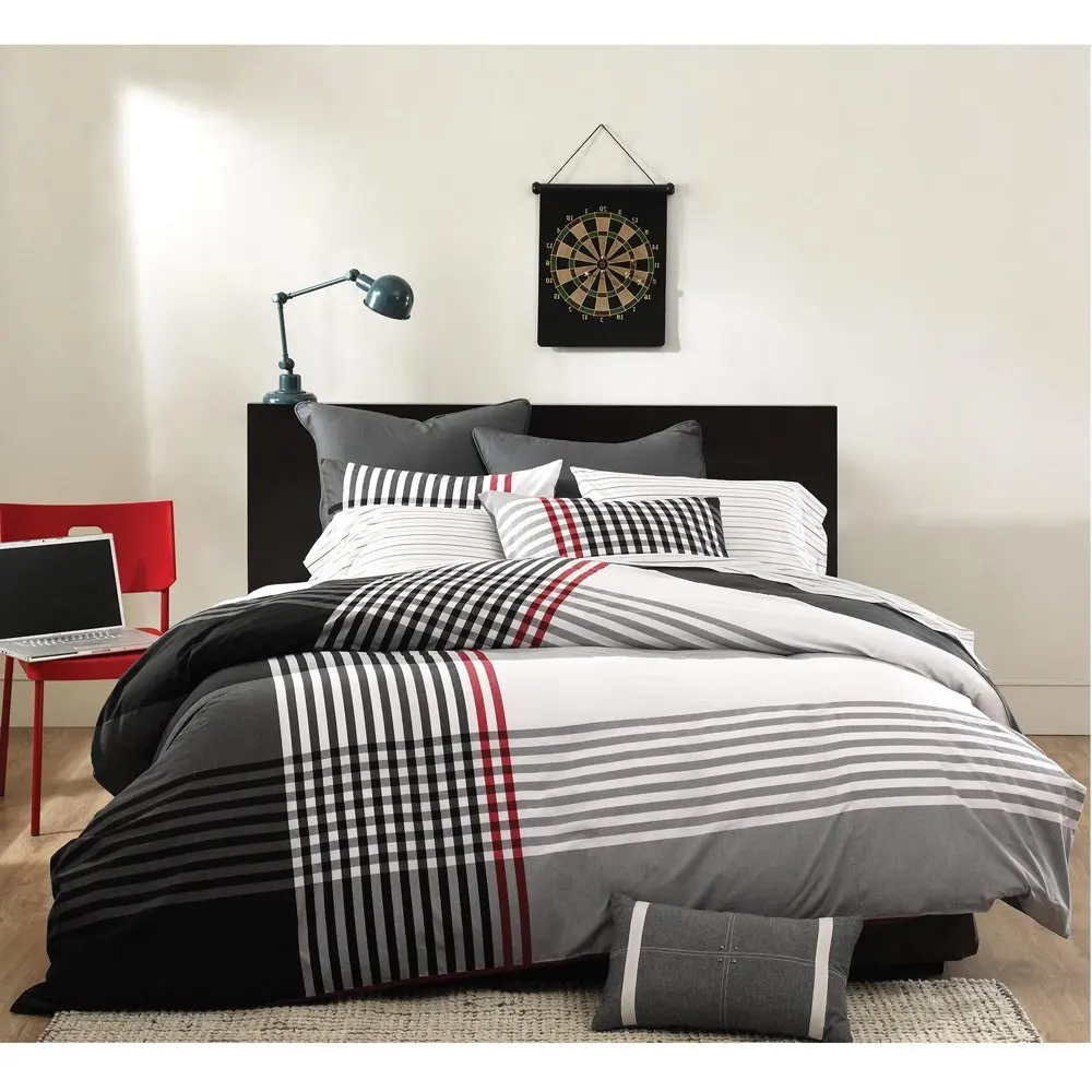 2 Piece White Black Red Grey Stripes Plaid Comforter Twin Set, Stylish Modern Striped Bedding Woven Nautical Checked Pattern Madras CrissCross Design, Cotton