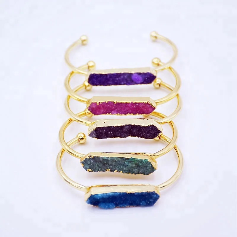 

Natural druzy stone bracelet gold plated bangle bracelets fashion drusy jewelry for women, Rainbow druzy stone bracelet