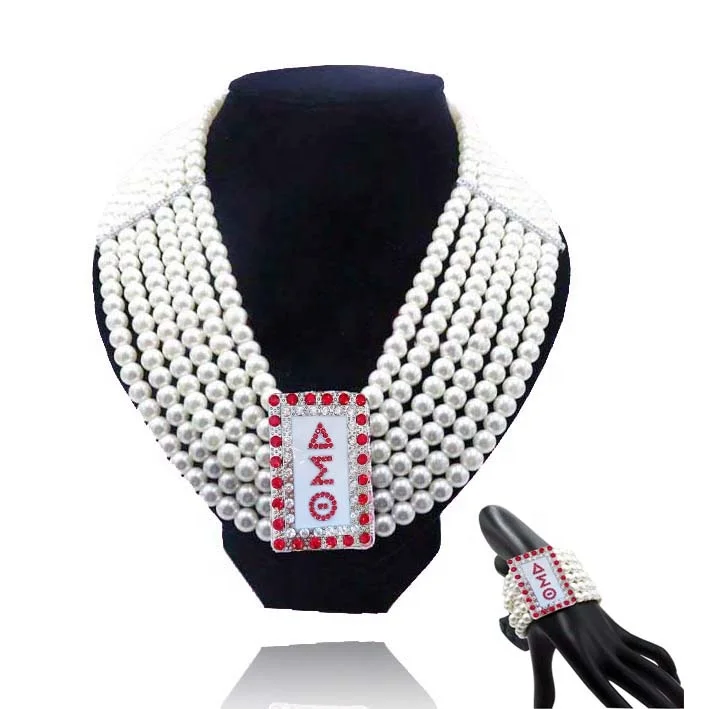 

DST Rectangle Rhinestones Greek Sorority Six Strings Pearl Necklaces Delta Sigma Theta Jewelry Set, Picture