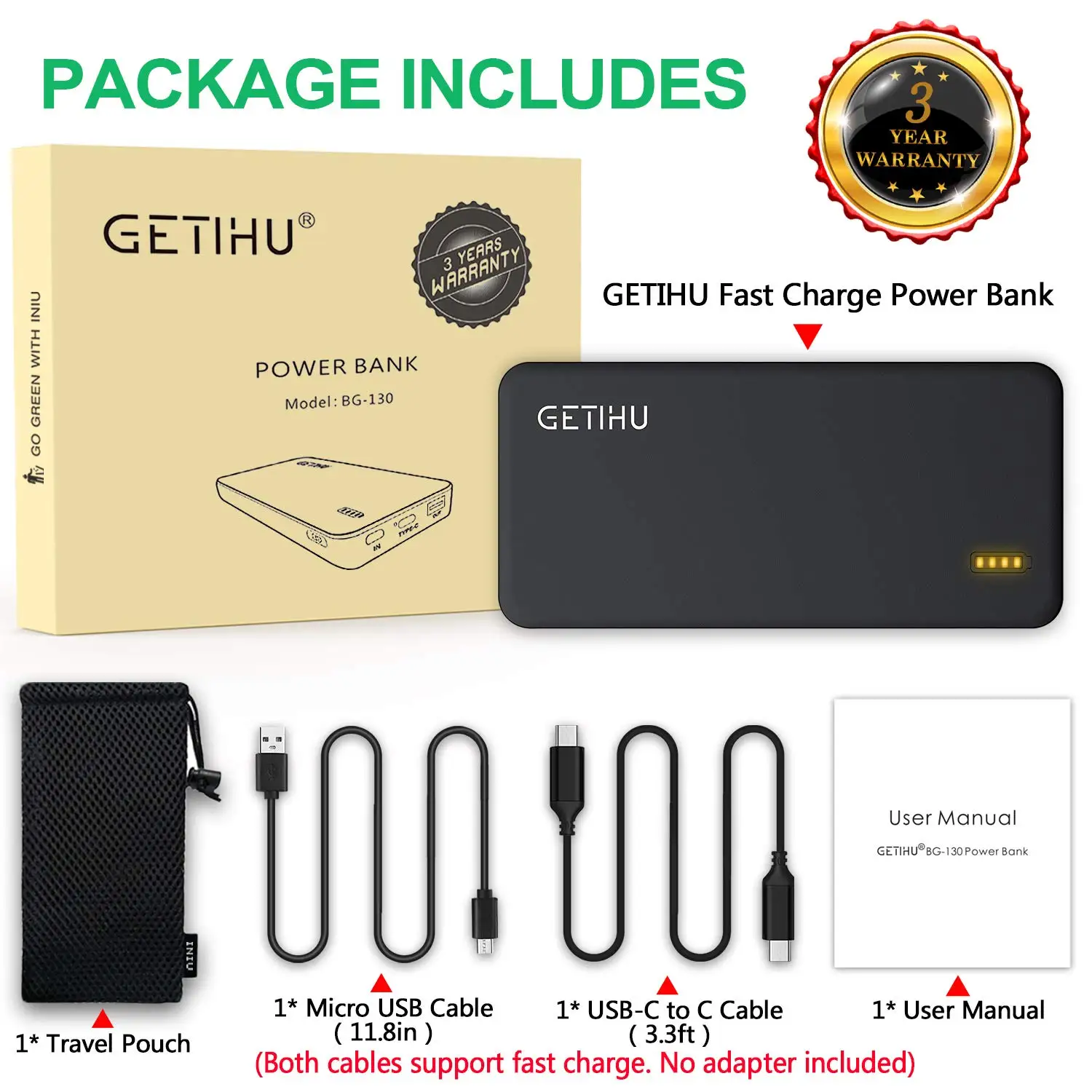 Getihu Pd Qc3.0 Fast Charge Portable Charger 10000mah Quick Charge Power Bank 18w Input & Output