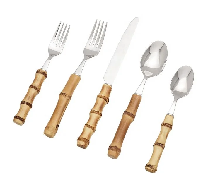 

100% real natural bamboo handle cutlery 5pc set stainless steel 18/8 handmade flatware luxury silverware set, Silver