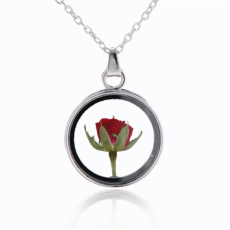 

Hot Sale Real Rose Pendant Necklace Gold Platinum Round Dried Flower Glass Accessories Gift Necklace, Picture