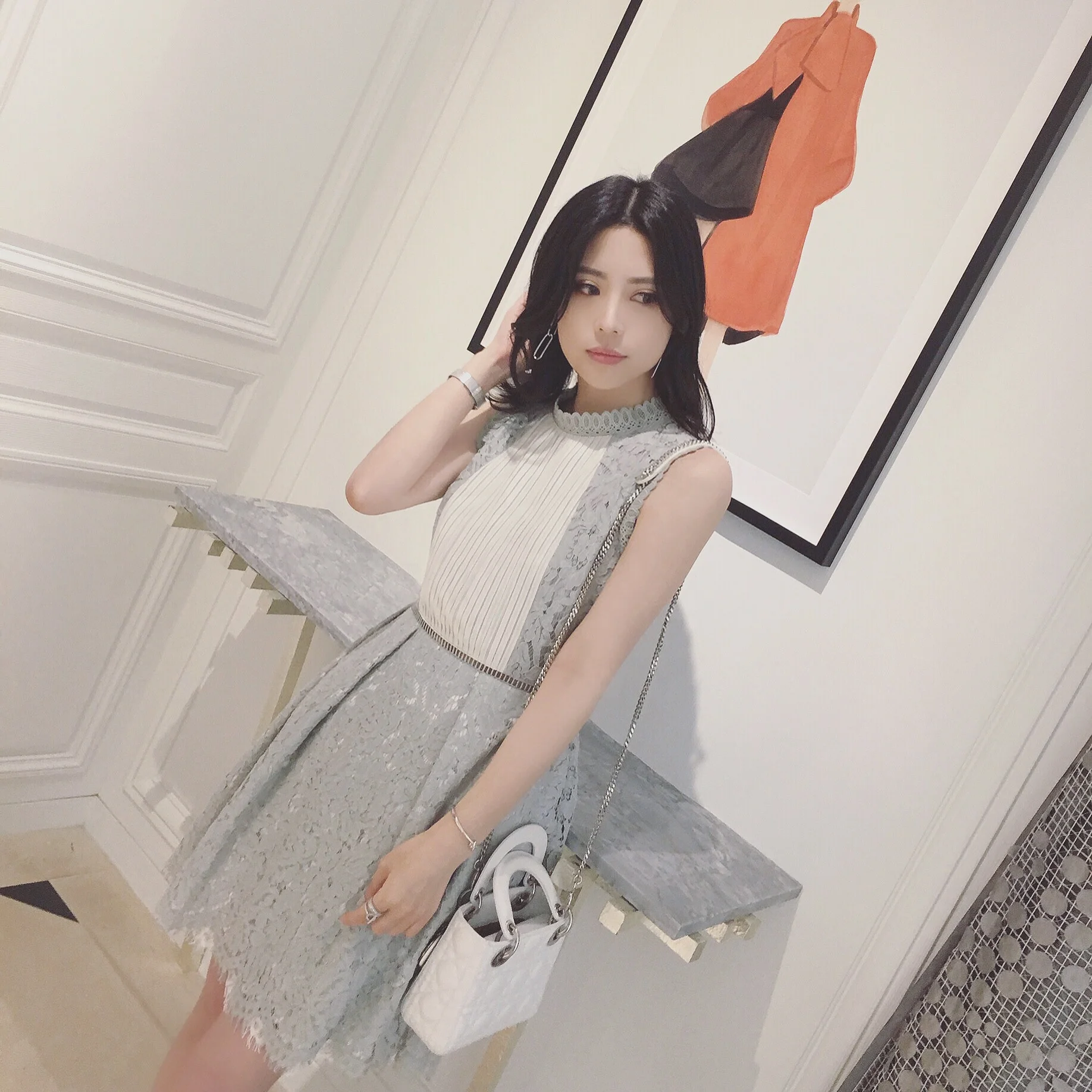 

ASM ANNA summer women clothing beautiful double layer bottom retro small stand collar lace OP dress