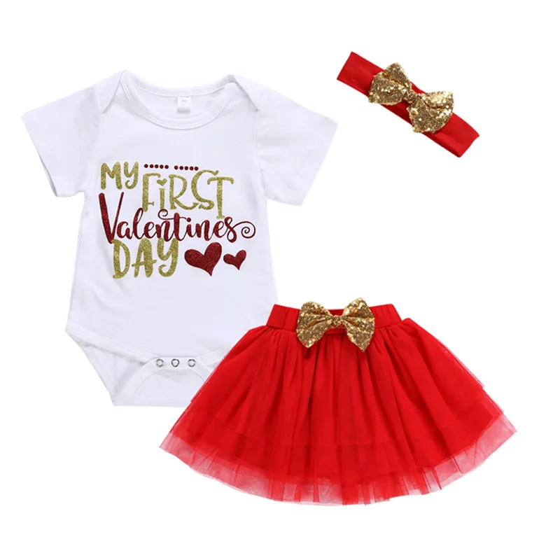 

Valentine's Day girl set short sleeved love letter priny T-shirt + red tulle lace skirt headband children's three piece set, As picture