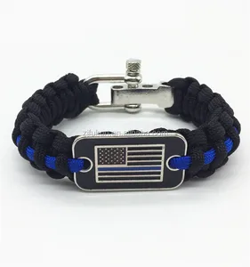 2018 new cheap wholesale thin blue line adjustable handmade 550 paracord survival bracelet with USA flag logo metal brand
