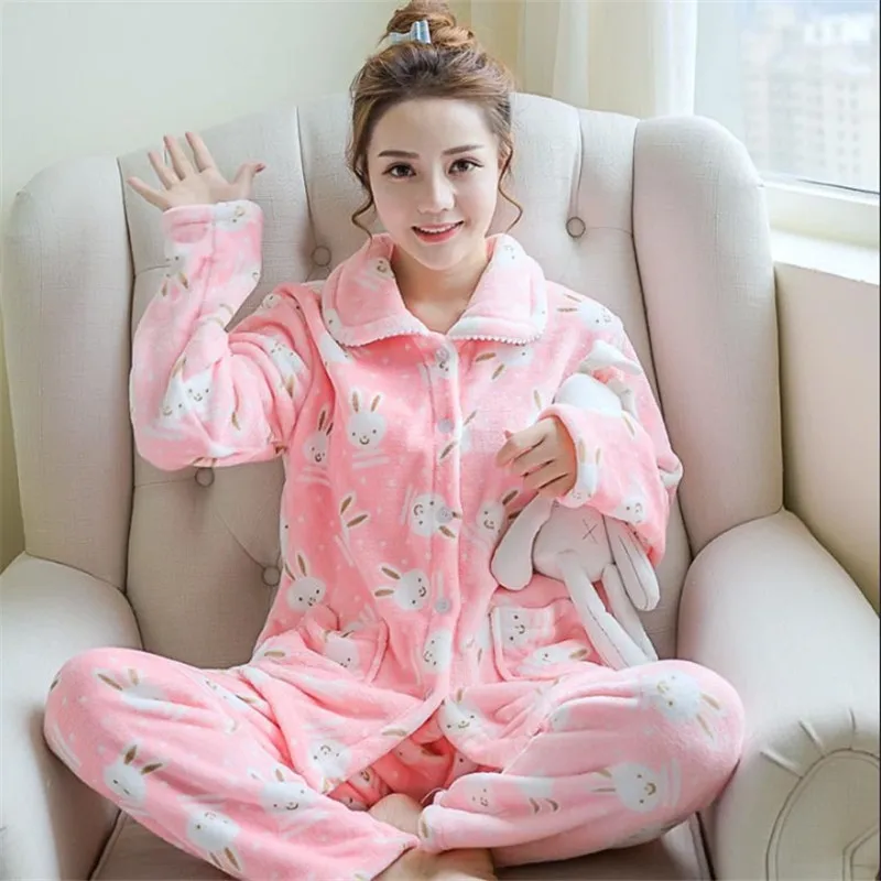 

Hot Selling Beautiful Girls Open Front Round Neck Print Rabbit Patterns Women Winter Flannel Cotton Velvet Thickening Pajamas, As the picture display