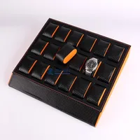 

Black Orange Woven Pattern PU Leather 18 Slot Watch Display Storage Organizer Box With Cushion