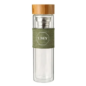 Image of 2019 amazon hot selling double walled cosmetic high borosilicate glass water bottle with natural bamboo lid