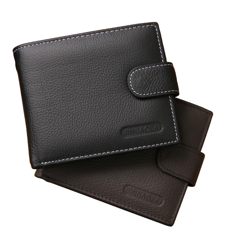 

High Quality Jinbaolai Men Short Genuine Leather Vintage Style Trifold Wallet