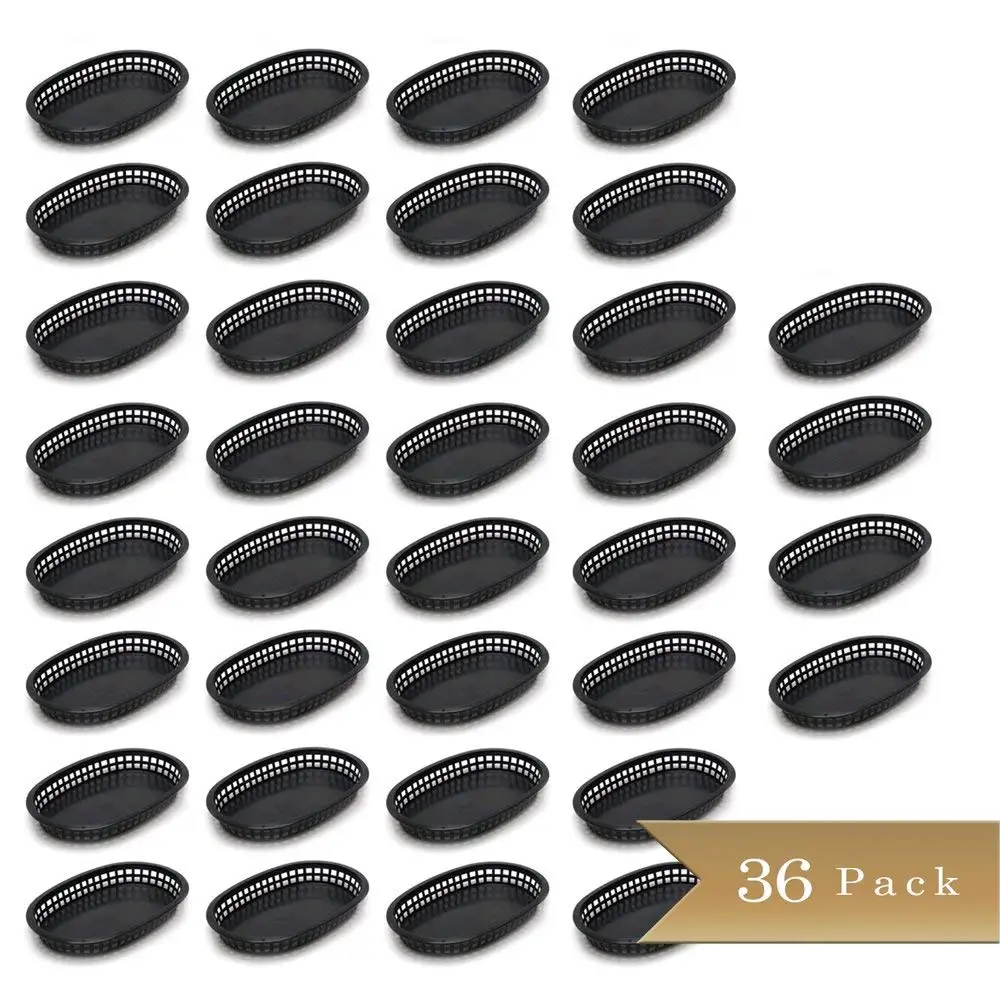 Pack of 36 - TrueCraftware Black Plastic Oval Fast Food Baskets - 10 1/2" X 7" (270 x 175mm)