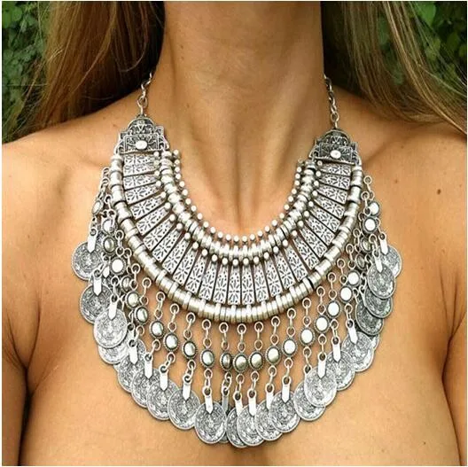 

Ethnic Tribal Boho Coin Necklace Statement Choker Bohemian Festival Gypsy Hot Jewelry, Silver