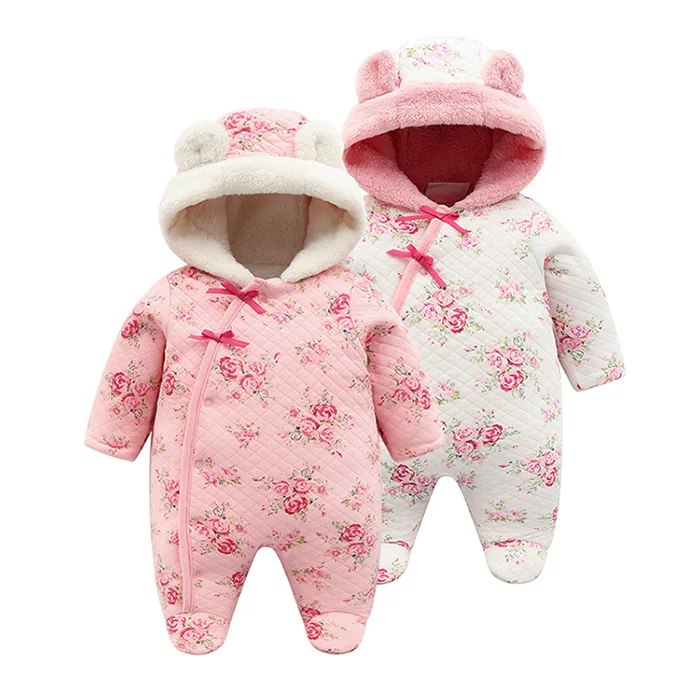 

wholesale Toddler Infant winter Warm Thickening cotton newborn baby girls clothes rompers, Pink /white