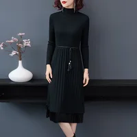 

new arrival crew neck long sleeve lady elegant fitness sweater dress belt woman knitting pullover pleated robe