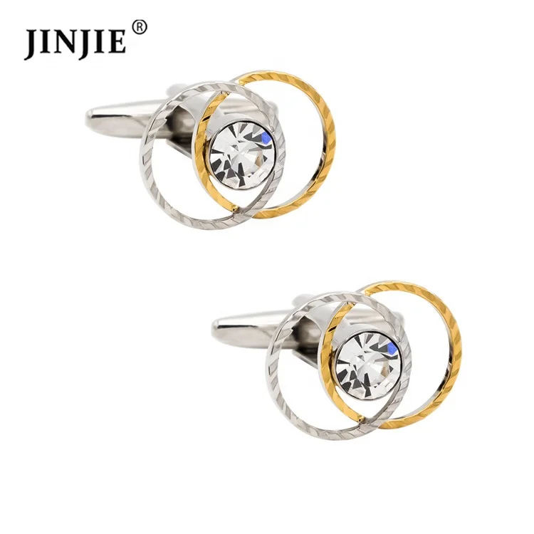 

Novelty custom diamond engraved silver and gold circles crossed cufflinks for sale