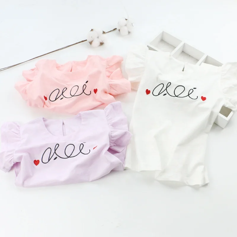 

B23507A Summer Little Girl Letter Embroidered Short Sleeve T-shirt