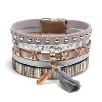 

Vintage Resin Beads Multilayers Leather Tassel Wrap Cuff Bracelet Women Boho Magnetic Buckle Multilayer Leather Tassel Bracelet