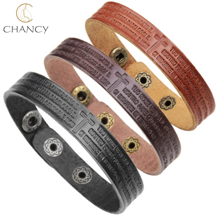 

2018 hot sale latest designs bible verse cross leather bracelets for men and women Christian