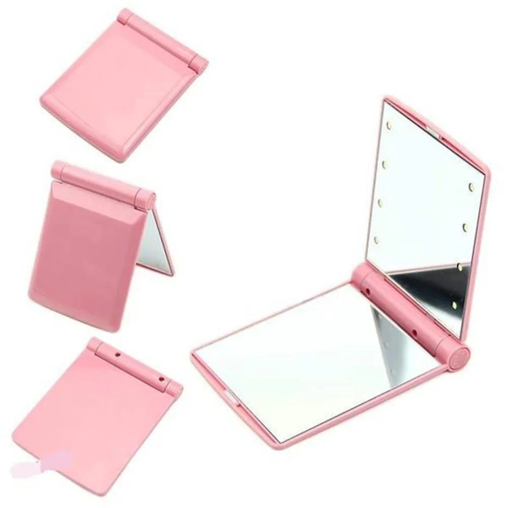 

Led mirror makeup Mini Portable Folding Makeup Cosmetic Folding Travel Pocket Compact Mirror with 8 Bright LED Lights, Black / pink / customization