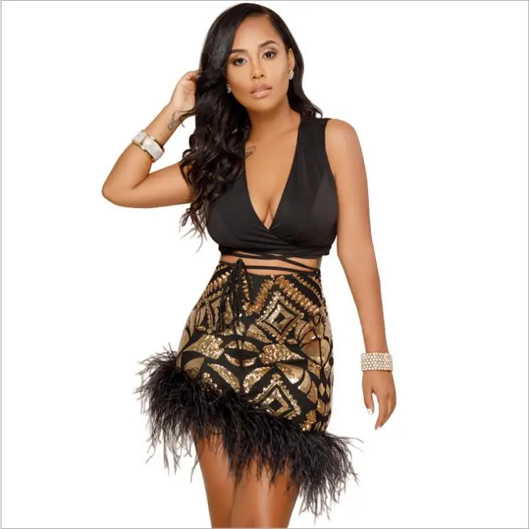 

2019 2 Piece Set Sequined Feather Hem Club Sexy Women Crisscross V Neck Sleeveless Crop Top And Skirt Mini Bodycon Vestidos A501