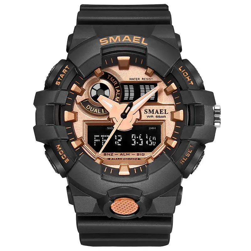 

2018 New SMAEL 1642 Black Gold 5atm Water Resistant Dual Time Plastic Sport Outdoor Digital Wristwatch for Men