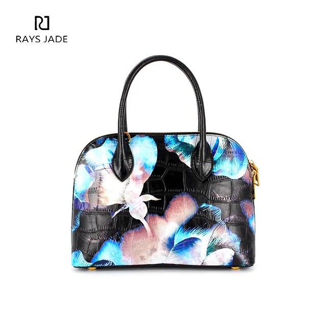 

customized fashion flower print black leather top handle bags wholesale low moq luxury women handbag